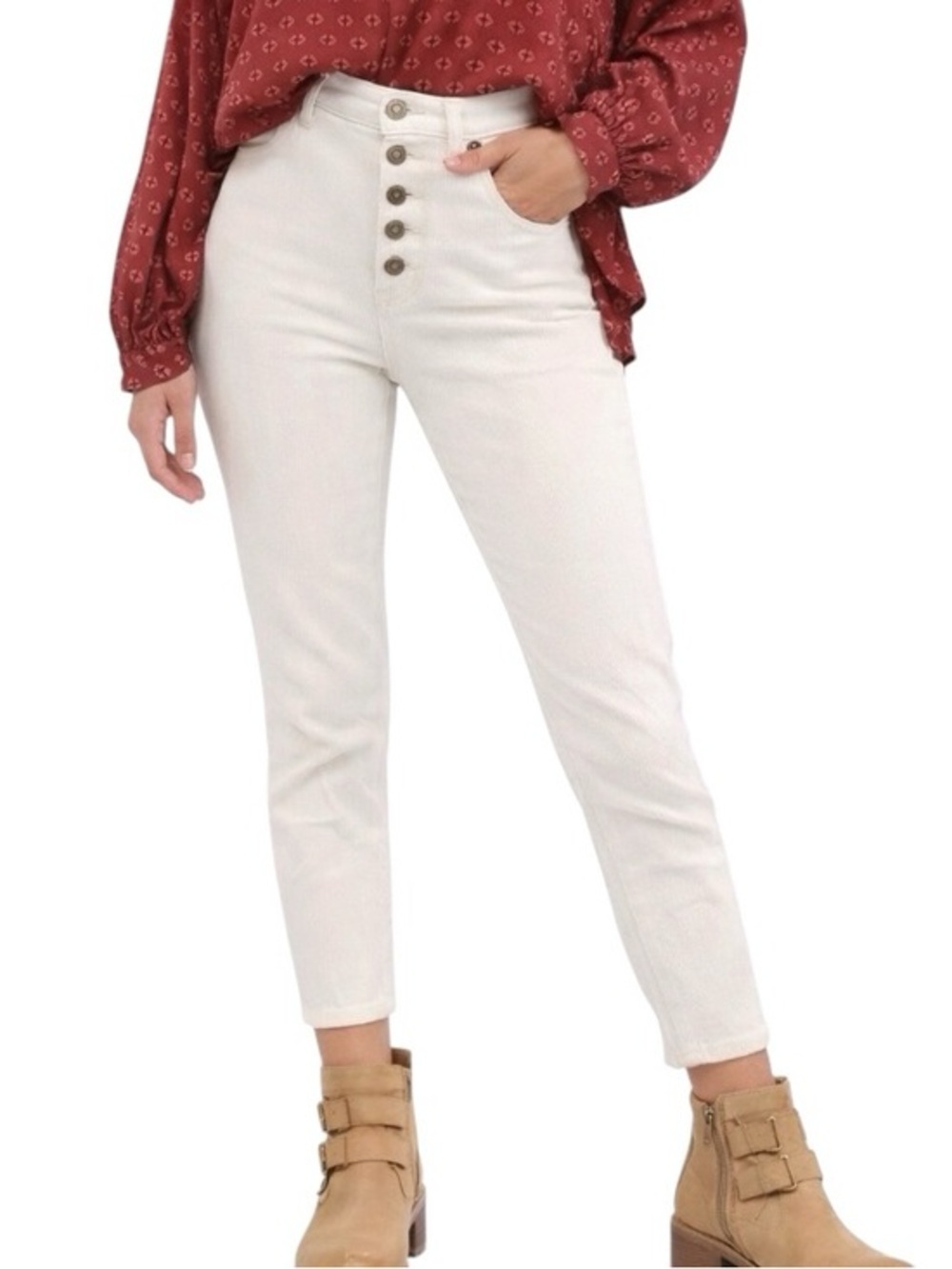 Free People Blossom Ivory Rigid Button Fly Cropped Raw Hem Ankle Skinny Jeans
